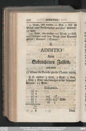 II. Additio derer Gebrochenen Zahlen,
