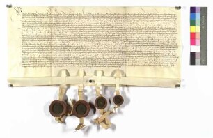 Ratification der Verträge zwischen Graf Gottfried und Kraft von Hohenlohe; Siegel Graf Gottfried und Graf Kraft von Hohenlohe, Heinrich von Ellrichshausen und Peter von Finsterlohr.