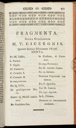 Fragmenta. Index Orationum M. T. Ciceronis, Quarum deinceps subjiciuntur Fragmenta. - Frusta, seu Fragmenta M. Tullii Ciceronis, Librorum sex de Re publica.