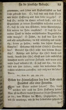 Gebete der Hinterlassenen bey dem Tode eines Freundes oder einer Freundin.