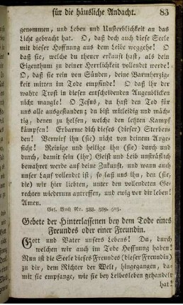 Gebete der Hinterlassenen bey dem Tode eines Freundes oder einer Freundin.