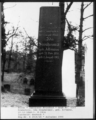 Grabstein von Ida Sinsheimer, geborene Altmann (gestorben 1914.08.01)