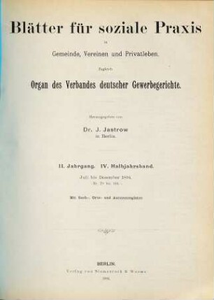 Blätter für soziale Praxis in Gemeinden, Vereinen und Privatleben. 2. 1894, Halbjbd. 4