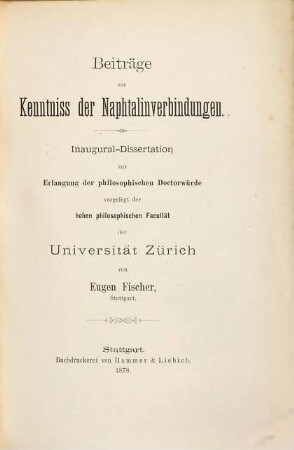 Beiträge zur Kenntniss der Naphtalinverbindungen : (Inaug.-Diss. der Univers. Zürich.)