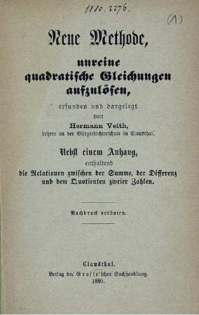 Neue Methode, unreine quadratische Gleichungen aufzulösen