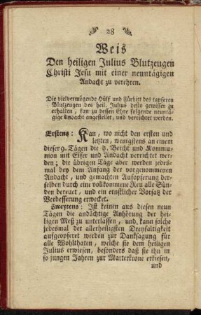 Weis Den heiligen Julius Blutzeugen Christi Jesu mit einer neuntägigen Andacht zu verehren.