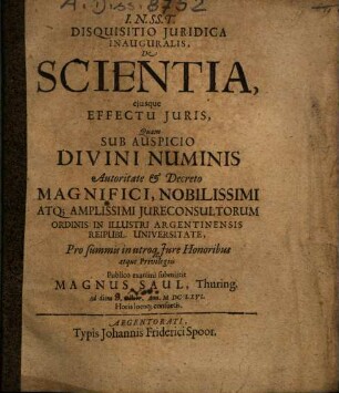 Disquisitio Iuridica Inauguralis, De Scientia, eiusque Effectu Iuris