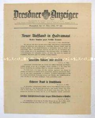 Nachrichtenblatt "Dresdner Anzeiger" u.a. zu einem bewaffneten arabischen Aufstand gegen britische Truppen im Hadramaut