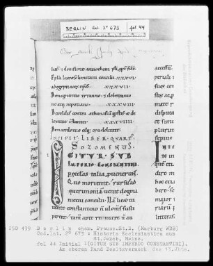 Cassiodor, Historia Ecclesiastica — Initiale I(GITUR SUB IMPERIO CONSTANTINI), Folio 44recto