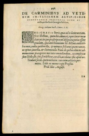 De Carminibus Ad Veterum Imitationem Artificiose Compendis Praecepta Bona Et utilia, collecta a Georgio Sabino.
