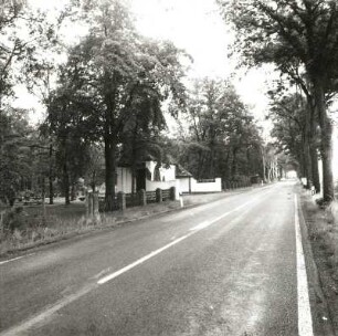 Wadelsdorf. Waldfriedhof. Blick über die B 112 nach Norden zur Kapelle mit Toranlage