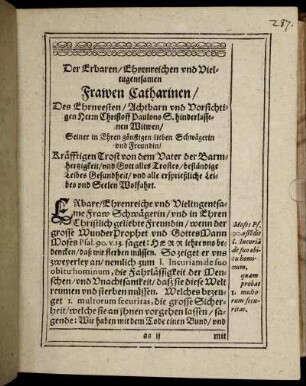 Der Erbaren/ [...] Frawen Catharinen/ Des [...] Herrn Christoff Paulons [...] Witwen/ [...]