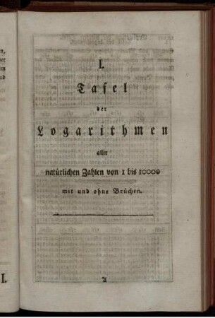 I. Tafel der Logarithmen aller natürlichen Zahlen 1 bis 10000 mit und ohne Brüchen.