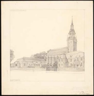 Evangelische Kirche Schinkelwettbewerb 1904: Perspektivische Ansicht von der Gartenseite