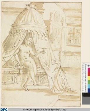 Sophonisba (Unbekleidete Frau, eine Schale in der Linken, auf dem Rand eines Baldachinbettes)