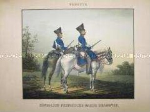 Uniformdarstellung, Dragoner zu Pferd bei der Feldwache, Garde-Dragoner-Regiment, Preußen, 1825.