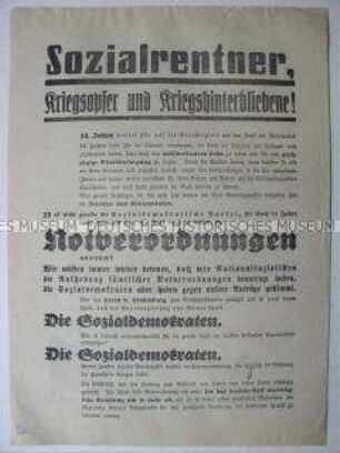 Sozialrentner, Kriegsopfer und Kriegshinterbliebene! Notverordnungen - Wahlflugblatt der NSDAP zu den Reichstagswahlen 1933