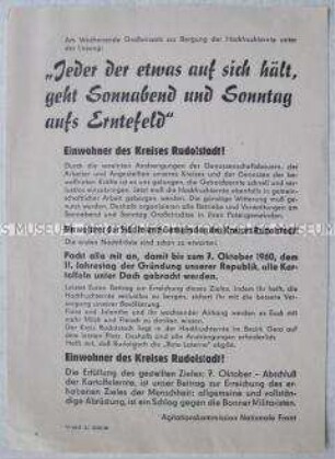 Propagandaflugblatt der Nationalen Front zur Kartoffelernte