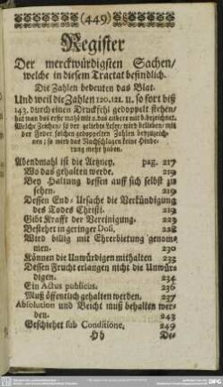 Register Der merckwürdigsten Sachen, welche in diesem Tractat befindlich