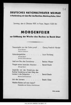Morgenfeier zur Eröffnung der Woche des Buches im Bezirk Erfurt