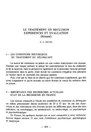459-462, Le traitement en reclusion experiences et evaluation (Résumé)