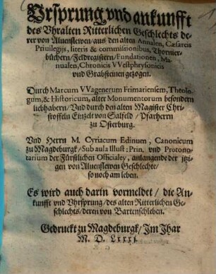 Ursprung und Ankunft des uhralten ritterlichen Geschlechts derer von Alvensleben : aus d. alten Annalen, Caesareis, Privilegiis ... u. Grabsteinen gezogen