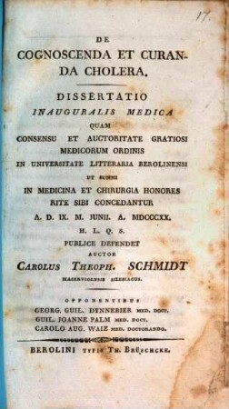 De cognoscenda et curanda cholera : dissertatio inauguralis medica