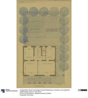 Darmstadt, Projekt Arbeiterhäuser, Grundriss mit umgebener Gartenanlage