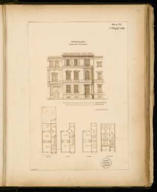 Bürgerliches Einfamilienwohnhaus Monatskonkurrenz August 1874: Grundriss Erdgeschoss, 1. und 2. Obergeschoss, Aufriss Vorderansicht, Querschnitt; 2 Maßstabsleisten