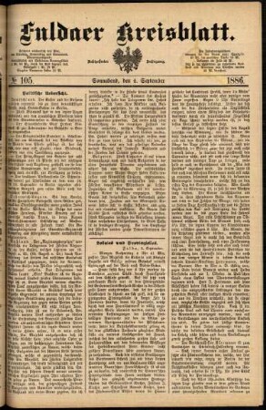 Erste Ausgabe vom Samstag, den 04. September 1886.