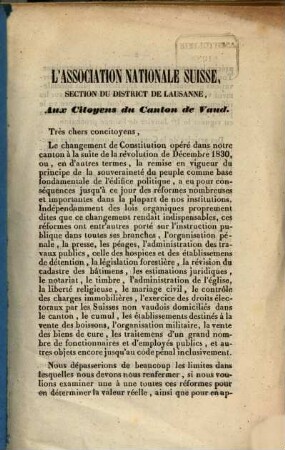 L'Association nationale Suisse, section du district de Lausanne, aux citoyens du Canton de Vaud