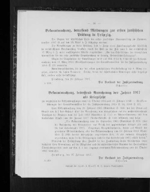 Bekanntmachung, betreffend Meldungen zur ersten juristischen Prüfung in Leipzig