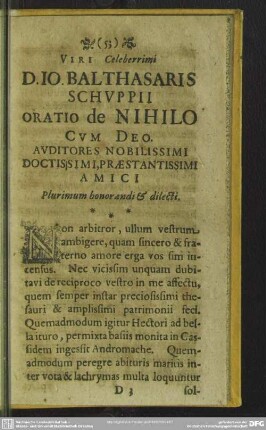 Viri Celeberrimi D. Jo. Balthasaris Schuppii, Oratio de Nihilo Cum Deo