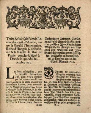 Traité Definitif De Paix De Reconciliation Et D'Amitié Entre Sa Majesté l'Imperatrice Reine d'Hongrée & de Boheme, Sa Majesté le Roi de Pologne Electeur de Saxe & Sa Majesté le Roi de Prusse ...