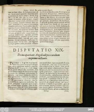 Disputatio XIX. De incapacitate Angeli ad peccandum in primo instanti.