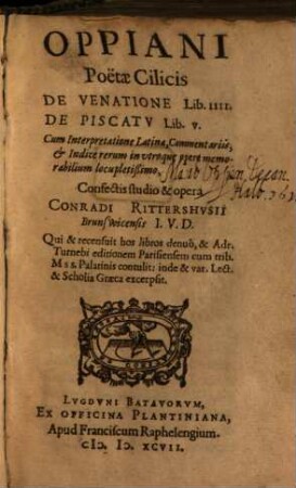 Oppiani, Poetae Cilicis, de venatione Lib. IIII