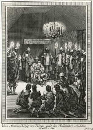 Don Alvares, König von Kongo, gibt den Holländern Audienz im Jahre 1642 : Don Alvares, König von Kongo, gibt den Holländern Audienz im Jahre 1642. Stich; 19 x 13,9 cm (ab 1642)