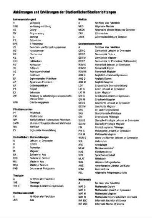 Abkürzungen und Erklärungen der Studienfächer / Studienrichtungen