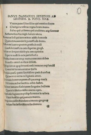 Ianus Damianus Senensis Ad Leonem. X. Pont. Max.