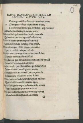 Ianus Damianus Senensis Ad Leonem. X. Pont. Max.