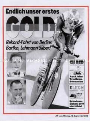 Maueranschlag der "BZ": "Endlich unser erstes GOLD / Rekord-Fahrt von Berlins Bartko, Lehmann Silber!"