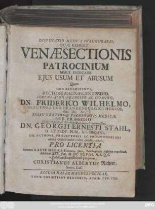 Disputatio Medica Inauguralis, Quæ Exhibet Venaesectionis Patrocinium Simul Indicans Ejus Usum Et Abusum