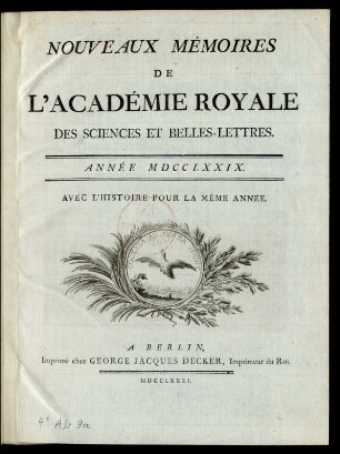 1779: Nouveaux mémoires de l'Académie Royale des Sciences et Belles-Lettres année MDCCLXXIX