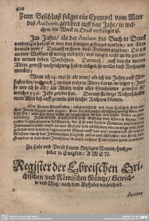 Register der Ebreischen Grichischen und Römischen Müntze/Gewichte und Maß/nach dem Alphabet verzeichnet.