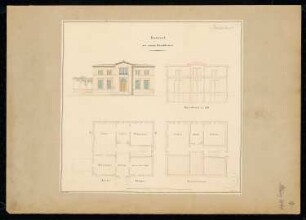 Landhaus Monatskonkurrenz März 1841: Grundriss Erdgeschoss, Obergeschoss, Querschnitt; Maßstabsleiste