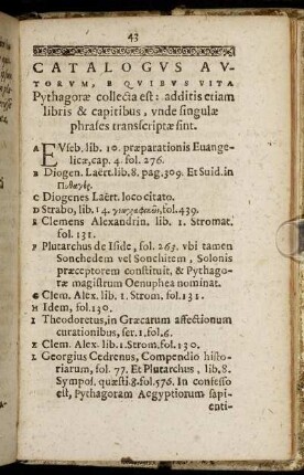 Catalogus Autorum, E quiebus Vita Pythagorae collecta est