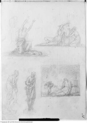 Skizzenbuch, Oben links: Studie zur klagenden Mutter der Szene des "Rasenden Herkules"; oben rechts: zwei Nymphen; unten links: stehende Venus in seitlicher und frontaler Ansicht; unten rechts: Ohnmächtige Magdalena