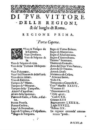 Di Pvb. Vittore Delle Regioni, & de' luoghi di Roma.