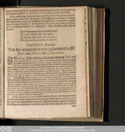 Das Sechste Capittel. Von der conjunction oder zusammenkunfft Jovis und Martis den 5. Decembris.