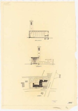 Kirche, Berlin-Zehlendorf Projekt I: Langsschnitt, Querschnitt, Lageplan